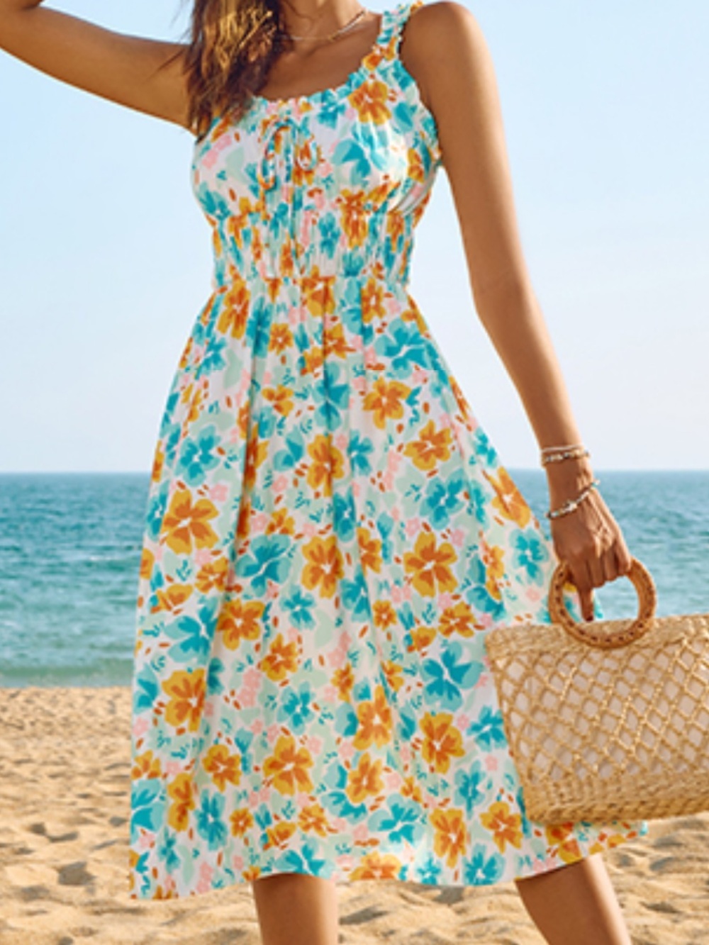 Floral Smocked Sundress in Teal & Yellow  size large
